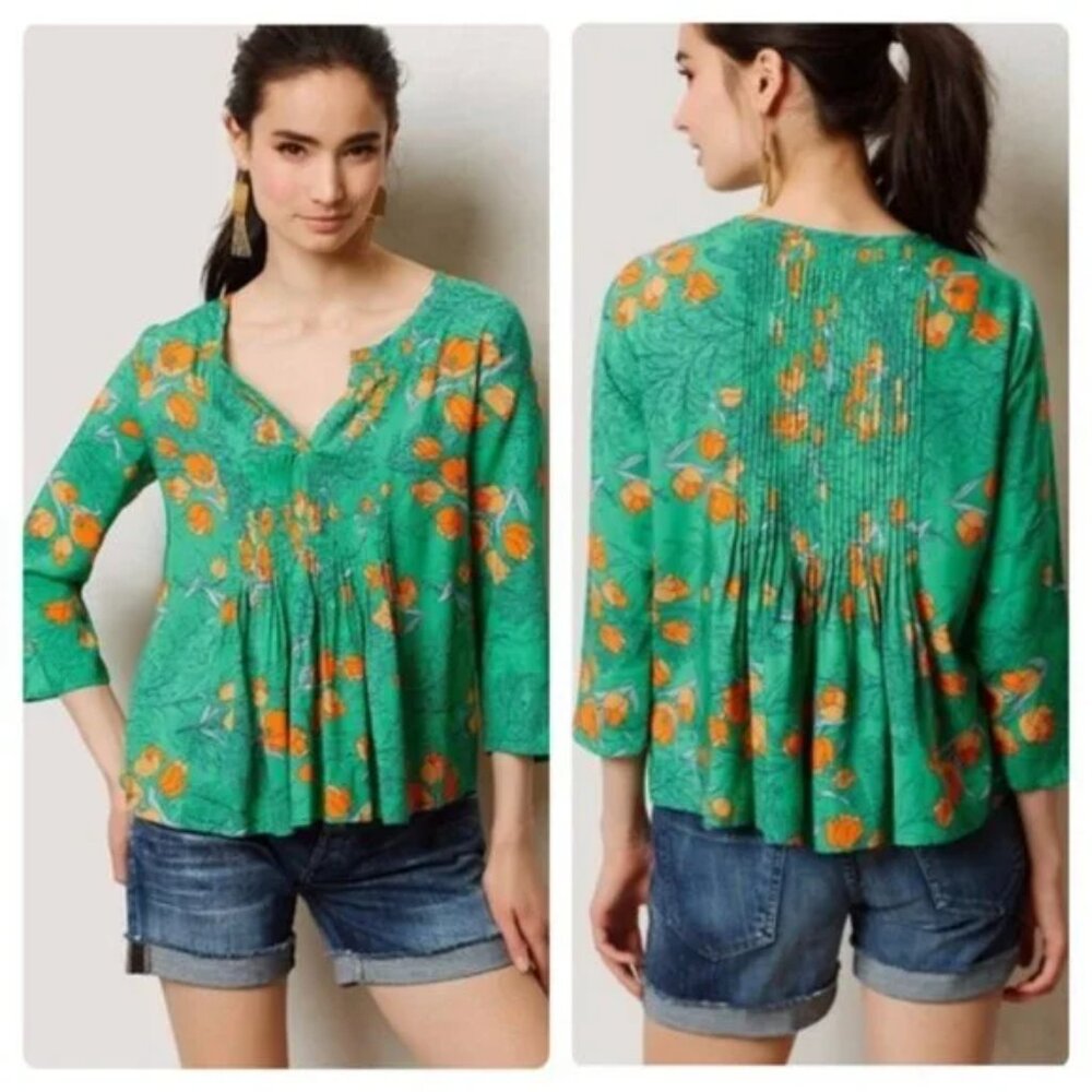 Anthropologie Vanessa x Virginia Green Poppy Pleated Blouse Size small